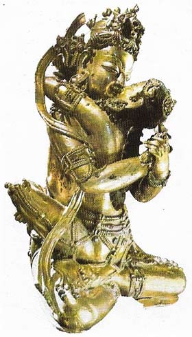 The yogic posture known as Yab-Yum (Father-Mother), seen in this 18th-century Tibetan bronze, unites the Hindu male god or 'absolute reality' with his female counterpart, Shakti.