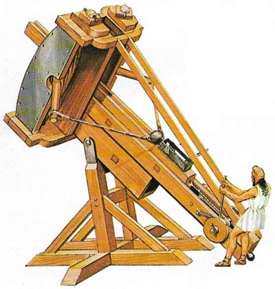 The most powerful catapults of antiquity used the torsion principle rather than the sprung bow. The stone missiles were of varying weights and the artilleryman had to make allowance for this. 