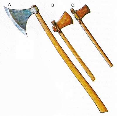 Early axes were quite small. Neolithic (B) and Bronze Age axes measured about 7 cm (3 in) across the blade, compared with 28 cm (11 in) for the Viking axe (A) of the 7th century.