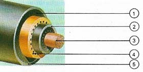 A typical early submarine cable was made up of a stranded copper conductor (3), usually of wires or copper tapes woven round a stout central strand; an insulating layer (2), originally of gutta percha; a layer of jute fiber (4) with galvanized steel wires embedded in it (for strength); another layer (1) of compounded jute; and an outer waterproof layer (5) tough enough to withstand chafing.