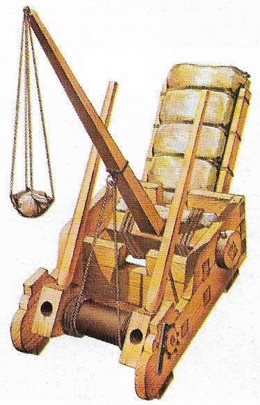 The onager, given the same name as a wild ass because of its kicking action, was another kind of catapult that used torsion. The long arm was winched down, and when released it whipped forward against the buffer and hurled the stone.