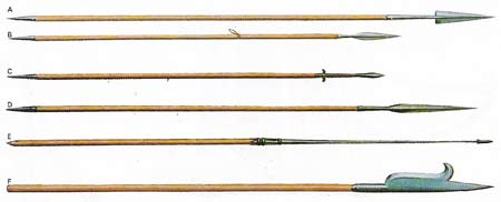 The early spear (A) and javelin (B) used in 650–500 BC were little different from the Frankish-Gothic spears (C, D) and Roman javelin (E) of the 5th–7th centuries AD. The bill (F) was a medieval development of the spear.  
