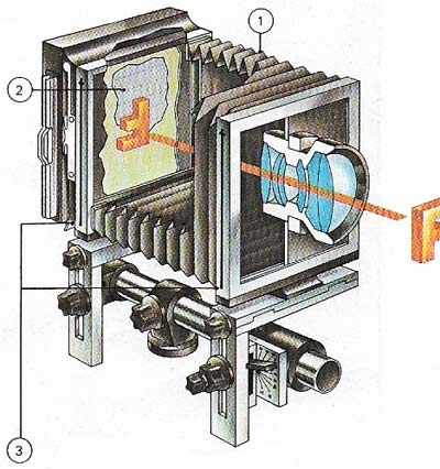 The technical camera does not have a view-finder. The image is focused by means of bellows (1) on a ground-glass sheet (2) at the back. Just before exposure this is replaced by a piece of film held in a dark slide. The front and back panels can both be tilted, shifted, or swiveled independently (3).