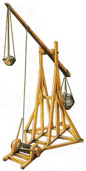 The trebuchet, a medieval siege weapon, was designed to hurl stones. Also called a mangonel, it worked with a heavy stone counterweight that fell to provide the necessary power.