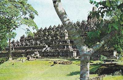 Borobudur, situated in the heart of Java, is often described as a stupa (dome-shaped shrine) but although a stupa crowns it, the rest of the structure predominates. It is a marvelous storehouse with five lavishly decorated galleries exhibiting pious stories in 1,500 relief panels.
