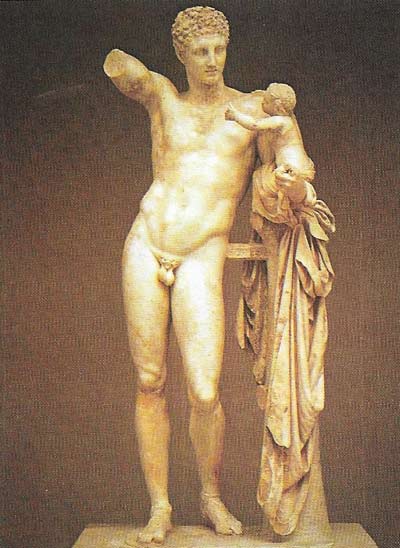 'Hermes carrying the infant Dionysus' is possibly the only surviving original work by the Athenian master sculptor Proxiteles, who was regarded as one of the greatest craftsmen of his age.