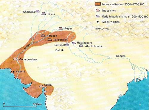 The brown areas on the map mark the expansion of the Indus civilization, stretching southeast down the coast to beyond the Gulf of Broach and eastwards far beyond present Delhi.