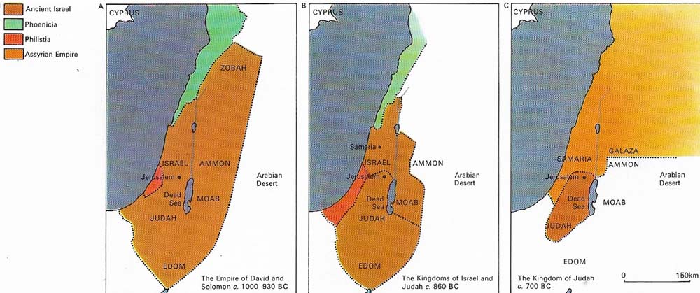 Biblical tradition holds that the ancient Tribes of Israel escaped from slavery in Egypt in the 13th century BC under Moses. After conquering parts of Canaan in the 12th century, Israel reached its peak under David (c. 1000–960 BC), who took Jerusalem and subjugated the surrounding nations (A). This empire divided after Solomon's death into two smaller and weaker nations, Judah in the south and Israel in the north (B), both declining in the face of Assyrian rule (C).