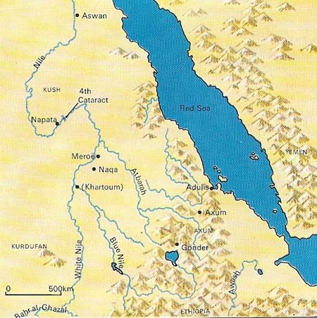 Civilizations of Kush/Meroe and Axum occupied the northeast corner of Africa: Kush/Meroe in the middle Nile valley south of Egypt and Axum on the high mountain escarpment of northern Ethiopia.