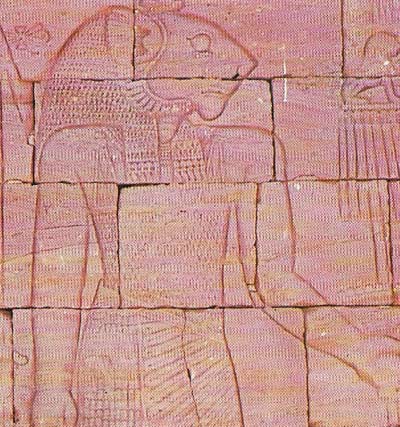The Lion God of Kush was engraved on a temple wall of Naqa (100 BC–AD 100), a center south of Meröe.