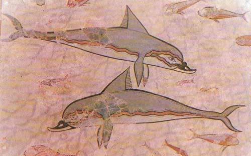 Fresco painting was another spectacular art of the Minoans, although it normally survives only in small fragments. This scene of dolphins and fish decorated the so-called Queen's Megaron in the domestic quarter of Knossos. Other frescoes also show birds, flowers, plants, animals, and people.