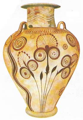 Elegance of shape is even more marked in the late Minoan period from 1500 BC. The fashion changed at this time to painting in red on yellow and much greater use was made of naturalistic motifs, though some abstract elements remain. Favorite decorative subjects were flowers and sea creatures, such as octopuses, nautili, and shells among rocks and seaweed.
