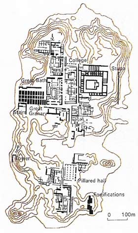 This ground plan of Mohenjo-daro shows the grid of the town in the lower part of the city and the houses, which vary greatly in size from those consisting of a single room to large residences boasting more than 20 rooms.