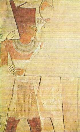 King Montuhotep II is shown being embraced by Re, the sun-god, in a painted relief from the king's mortuary temple at Deir el-Bahari.