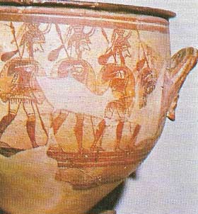These Mycenaean warriors may have a comic flavor to our eyes, but the discovery of fortifications, weapons, and armor show that warfare was an important factor in life at that time.