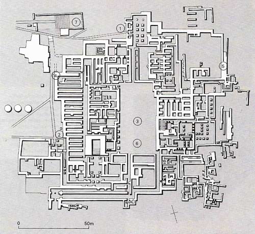 The Great Palace of Knossos had a long history. The plan shows it after its rebuilding in c. 1550 BC.