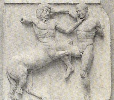 The theme of the friezes from the Parthenon – the fight between the Lapiths (people from Thessaly) and centaurs at the wedding of the Lappith king Pirithaus – symbolizes the triumph of order and civilization over barbarism. This was a constantly recurring motif in High Classical art.