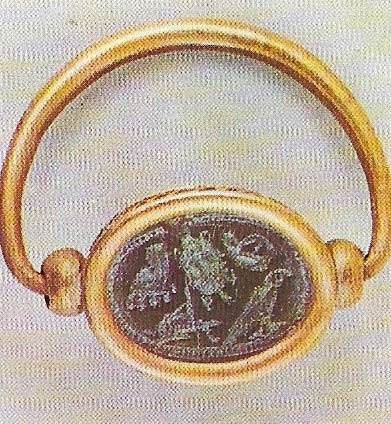 The Phoenicians were skilled at working gold, an art they learnt from the Mycenaeans and Egyptians. This gold ring dates from the sixth or fifth century BC and was found at Tharros in Sardinia. The scarab on the ring depicts Bes the Egyptian dwarf god. 