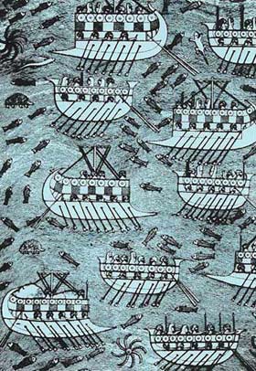 The relief shows two kinds of ship. The 'long' ships, forerunners of the trireme, were used for war and exploration, and has a double bank of oars, with sails, a ram at the prow, and a high stern. The 'round' ships, used for trading, also had two banks of oars but were sail-less, with stern and prow of equal height.