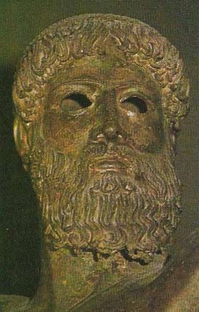 'Poseidon of Artemisium' – a representation of one of the most revered gods of the seafaring Athenians – presents an artistic bridge between the rather stylized portrait sculpture of the earlier ages of Greek art and the naturalism of the classical era. He is among the most splendidly modeled of all surviving bronze statues with his muscular body and fine head.