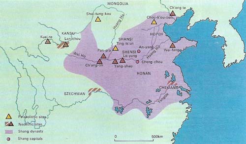 Neolithic China was centered on the fertile northern plains around the Huang Ho River. The first dynasty, the Shang, ruled first from Cheng-chou and later moved north to An-yang.