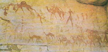 Tassili art persisted into the Neolithic period or later, after the camel had been domesticated, as is shown by this painted scene on the wall of a cave in the Tassili Plateau at the site of Ir Itinen.
