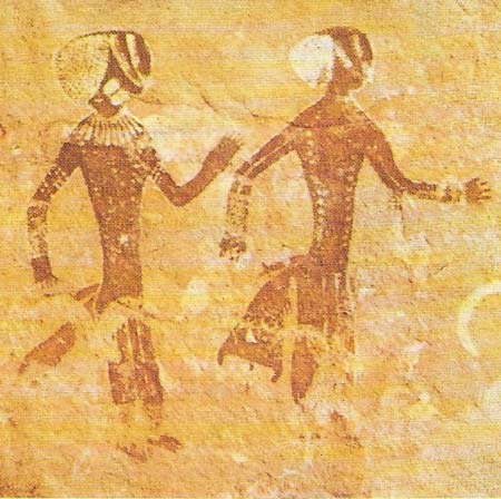 These striding men are painted on rock in the Tassili plateau of Algeria in the heart of the Sahara Desert.