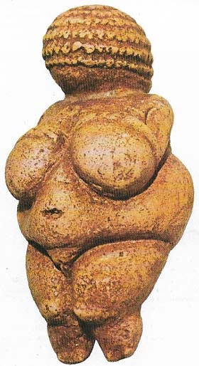 The small limestone figurine known as 'Venus of Willendorf' from a Gravettian site in Austria is 20,000 to 25,000 years old. The large breasts, belly, and buttocks are typical of this form of mobiliary art.