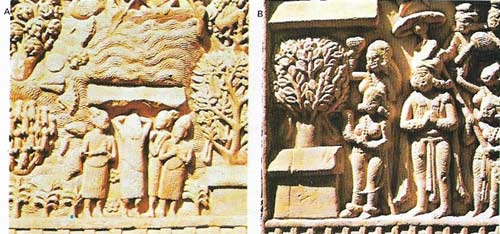 The Buddha is said to have converted people by performing miracles such as walking on water, depicted here (A) in the carvings on the gateway at the Sanchi stupa. The presence of Lord Buddha, who is not represented in this early period, must be inferred. Another scene (B) shows Buddha's father paying homage to the tree under which Lord Buddha attained enlightenment. This time the presence of the Buddha has to be inferred from the tree.