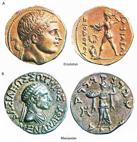After Alexander had left India in 325 BC, several of his governors founded small independent principalities in Bactria and northwestern India. Some of these Greeks were strongly influenced by the Indians. For example, the coin (A) of Diodotus (fl. 3rd century BC) compared with the coin of Menander (B) (c. 150 BC) shows Indian influence, particularly in the use of an Indian script.