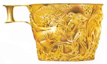 The Myceneans were strongly influenced by the Minoans. This gold cup from Vaphio, near Sparta, if not made in Crete itself must at least have been the work of a mainland craftsman trained in the Minoan tradition.