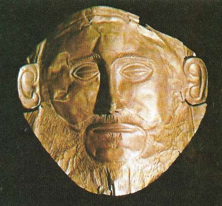 This gold mask shows a proud Mycenaean of c. 1550 BC. It was recovered from Shaft Grave V by Heinrich Schliemann in 1876.