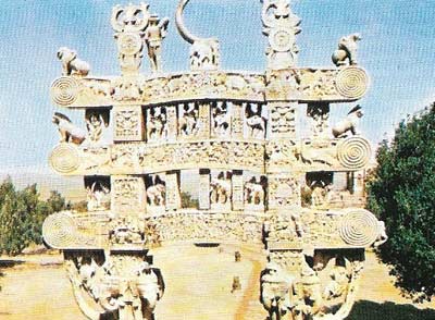 The rich sculpture of the eastern gateway of the great stupa at Sanchi shows both pious Buddhist stories and local deities belonging to folk religion but tolerated by Buddhism.