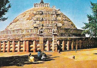 The great stupa (dome-shaped shrine) at Sanchi was built in Ashoka's time, but the railings and the richly sculptured gateways were added during the following two centuries. Sanchi, situated at the center of India where the main highways from east to west and from north to south crossed, was one of the principal Buddhist centers from at least the time of Ashoka to the 10th century AD; it also gave its name to a school of sculpture.