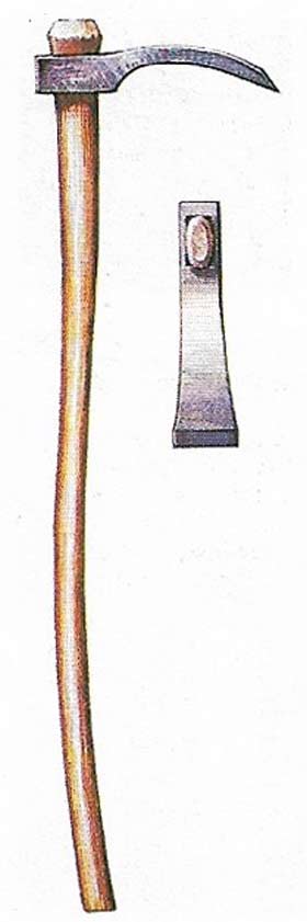 The mattock or heavy hoe was the basic and sometimes only tool used in early cultivation. It was used to break new ground or shift stones and it served as a hoe while the crop was growing.