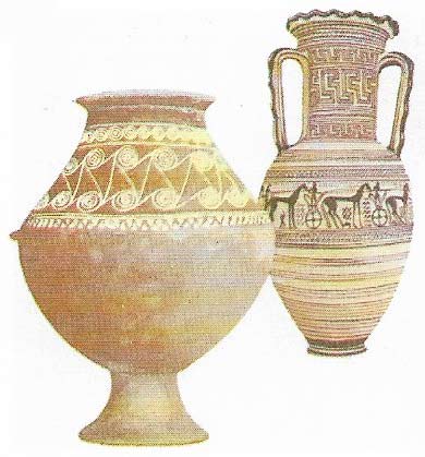 Protogeometric pottery, decorated with simple circles and wavy lines, probably originated in Athens before the end of the 11th century.