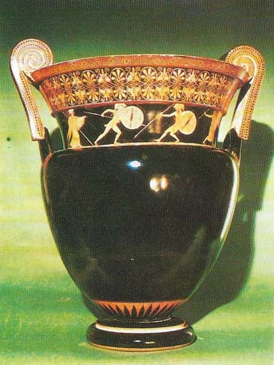 Red-figure vase-painting, in which the scenes are portrayed in sharp relief in red against an inky black background, began to supersede black-figure painting about 530 BC. This crater (a bowl for mixing wine and water) is a fine example of this stylistic evolution and depicts a scene from the Trojan Wars.