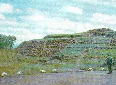 The circular and stepped pyramid at Cuicuilco in the Valley of Mexico on the edge of present Mexico City was the main structure of a city that flourished at about the time of Christ.