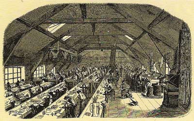 An 1848 view inside Adolph Sax's factory showing brass instruments being produced.