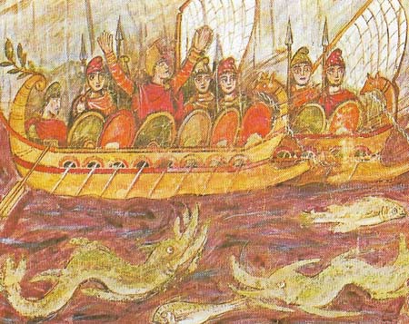 Aeneas, who escaped from Troy after the Trojan War, was said to have founded Rome. This legend was enshrined in the Aeneid by Virgil (70–19 BC). This fourth-century manuscript vividly illustrates the dangers of his voyage to Latium.