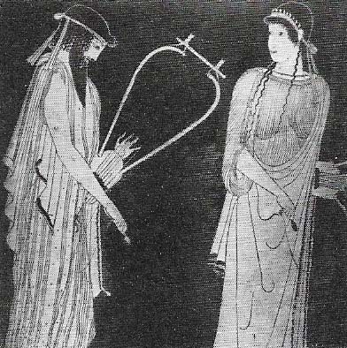 A wine cooler of the 5th century shows the lyric poets Alcaeus and Sappho. Little remains of Sappho's nine books of verse except for one ode, but there is enough to shoes her as unequalled for the passion and tenderness of her love poems. Alcaeus, her contemporary and friend, is also known only by fragments, which express political thoughts and outpourings of love and hate.