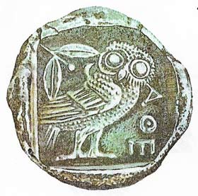 This Athenian four drachma coin shows the owl of Athena, who was the patron goddess of the city.