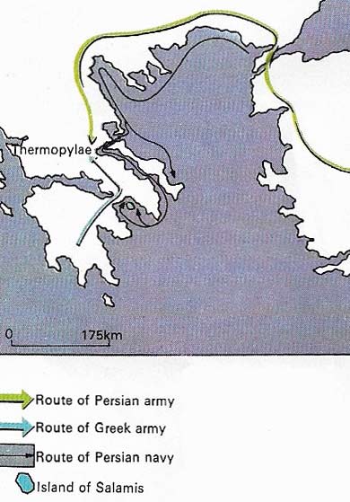 After the Persians overran Athens, the refugees fled with the Greek navy to Salamis. There, by a stratagem the Greeks trapped the Persians and destroyed an entire corps as well as 200 Persian ships for a loss of only 40 of their own.