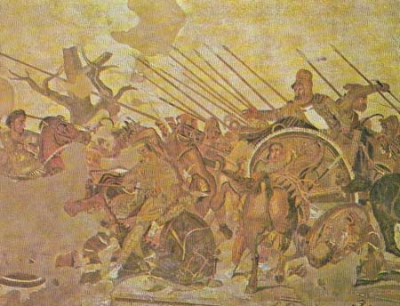 This mosaic from Pompeii, copied from a painting by Philoxenus, shows Alexander commanding his army against the Persians, under Darius, at the Battle of the Issus, 333 BC.