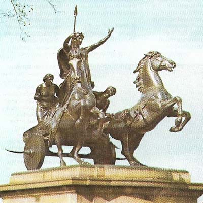 Boadicea, warrior queen of the Iceni in East Anglia, riding in her war chariot, symbolizes revolt against Roman oppression.