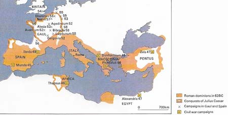 Successful campaigns were waged by Julius Caesar between 58 and 51 BC against the Helvetii, Belgae, Veneti, and the Aquitani.