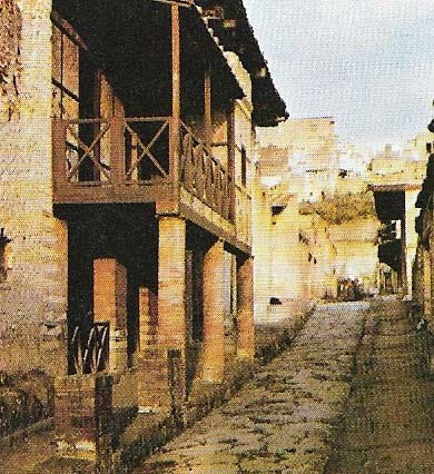 A number of houses in Herculaneum have kept their second stories. The house shown here, the Casa del Graticcio, still contains its original beds in two small rooms in the upper floor, together with other furnishings.