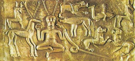 The god Cernunnos, 'The Horned One', figures as the Lord of the Wild Beasts on one of the inner plates of the great votive silver cauldron found at Gundestrup, Jutland, Denmark. He wears the antlers of a stag.