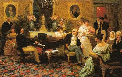 Chopin playing the piano in Prince Radziwill's salon in Pais, painted in 1887 by Hendrik Siemiradzki.
