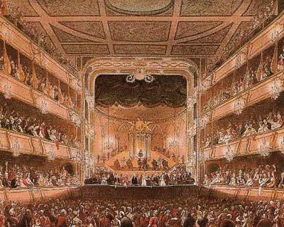 Handel playing one of his organ concertos at the Covent Garden Theatre in London.